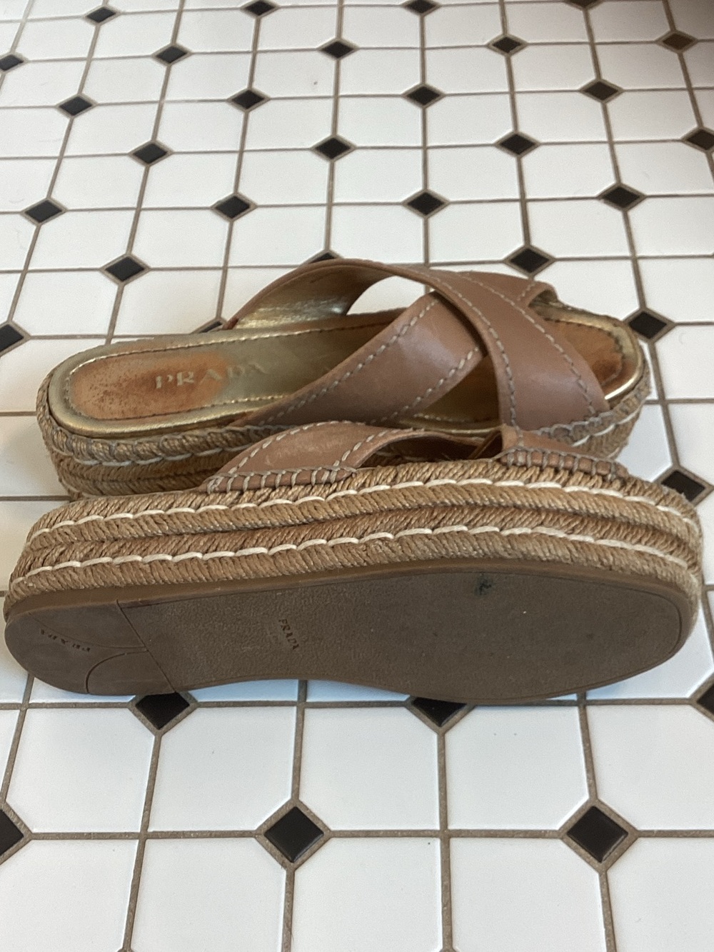 Prada Women’s Brown Leather Espadrille Slide Sandals - Picture 2 of 3